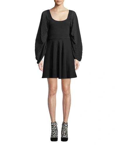 Opening Ceremony Plisse Full-sleeve Fit-and-flare Short Dress In Black