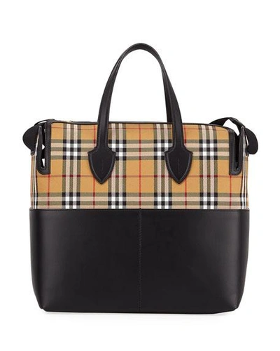 Burberry Kingswood Vintage Check & Leather Diaper Tote In Black