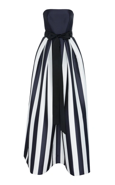 Monique Lhuillier Striped Mikado Bow-waist Strapless Ball Gown With Full Skirt In White/black