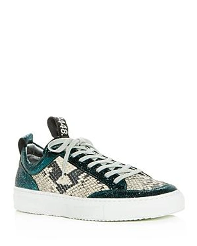 P448 Women's Soho Crackled & Snake-embossed Leather Lace-up Trainers In White/ Blue Sparkle
