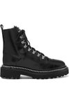 BALMAIN CHAIN-EMBELLISHED SHEARLING-LINED LEATHER ANKLE BOOTS