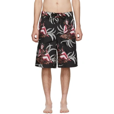 Prada Hawaiian Printed Nylon Swim Shorts In Black