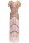 MARCHESA NOTTE WOMAN FRINGED EMBELLISHED TULLE MIDI DRESS ANTIQUE ROSE,AU 4146401443360065