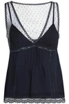 RED VALENTINO WOMAN LACE-TRIMMED POINT D'ESPRIT AND SILK-CREPE CAMISOLE MIDNIGHT BLUE,AU 3633577413686445