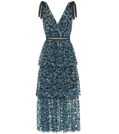Self-portrait Sequinned Tiered Tulle Midi Dress In Blue