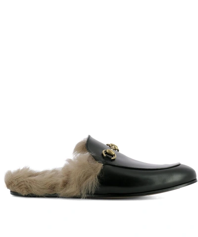 Gucci Princetown Fur Lined Leather Slippers In Black