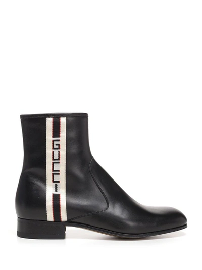 Gucci Black Tape Logo Leather Boots