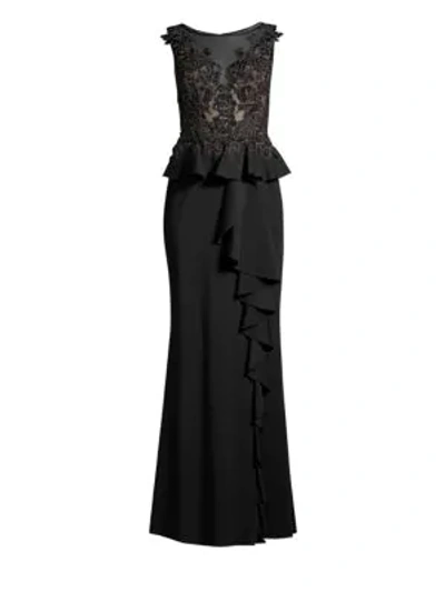 Basix Black Label Sleeveless Floral-lace Peplum Gown In Black