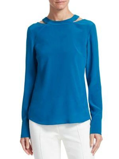 Akris Punto Long-sleeve Collarbone-cutout Silk Top In Azzurro