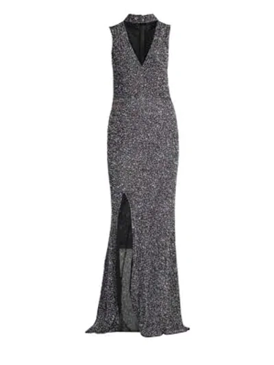 Alice And Olivia Arial Embellished Sleeveless V-neck Gown In Silver