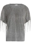 BRUNELLO CUCINELLI BRUNELLO CUCINELLI WOMAN FRINGED BEAD-EMBELLISHED MÉLANGE CASHMERE TOP GRAY,3074457345619405174