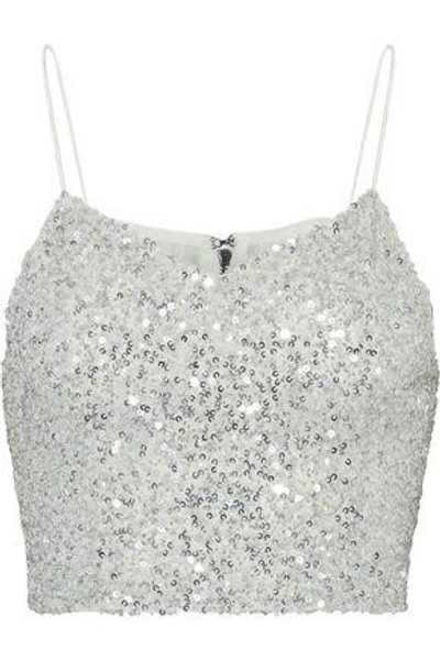 Alice And Olivia Archer Cropped Sequined Tulle Top In Silver