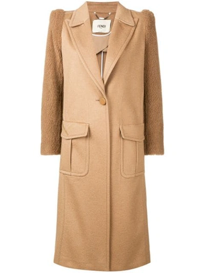 Fendi Teddy-sleeve One-button Camel Wool Men's-style Coat In Brown