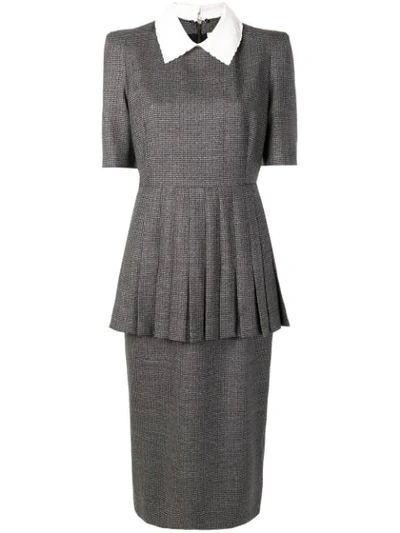 Fendi Short-sleeve Check Pleated Peplum Midi Sheath Dress W/ Removable Collar In Grey