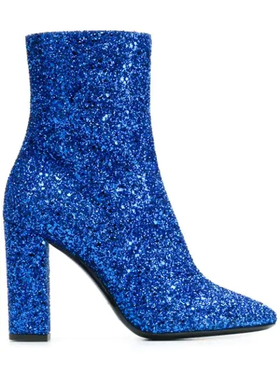 Saint Laurent Loulou Glitter Ankle Boots In Blue