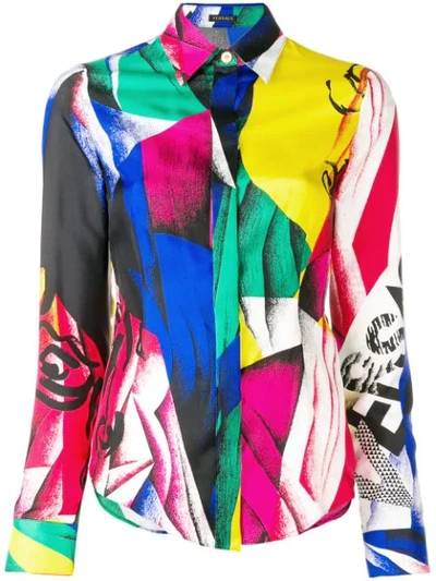 Versace Clash-print Button-front Long-sleeve Silk Blouse In Multi