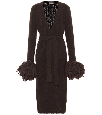 Bottega Veneta Open-front Wool-blend Knit Cardigan W/ Pompom Cuffs In Brown