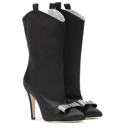 Alessandra Rich Crystal Bow-embellished Western Satin Ankle Boots In Black