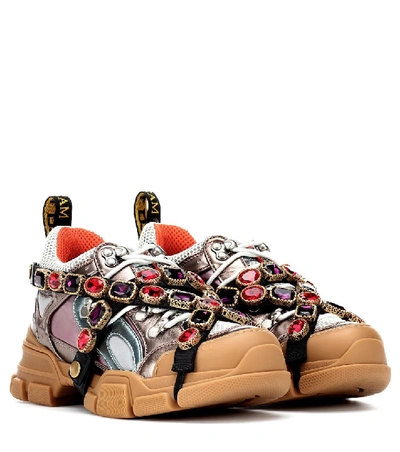 Gucci Flashtrek Embellished Logo-embossed Metallic Leather And Mesh Trainers In Brown