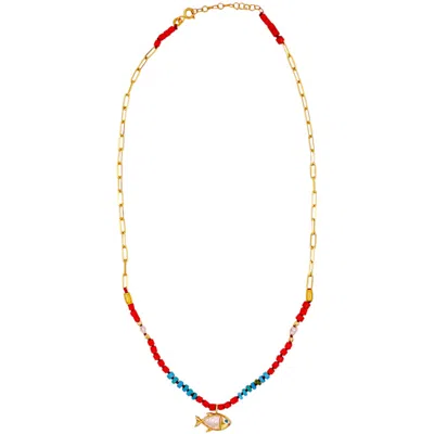 1610istanbul Women's Gold Mosaic Fish Lapis Necklace