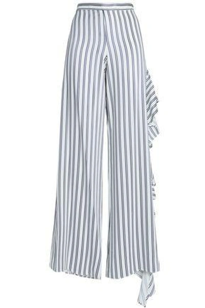 Alexis Woman Ruffled Satin-trimmed Striped Twill Wide-leg Trousers White