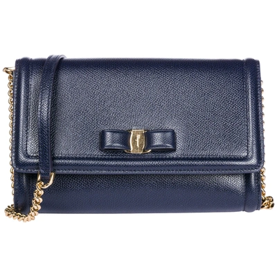 Ferragamo Women's Leather Clutch With Shoulder Strap Handbag Bag Purse  Bow Vara In Blue