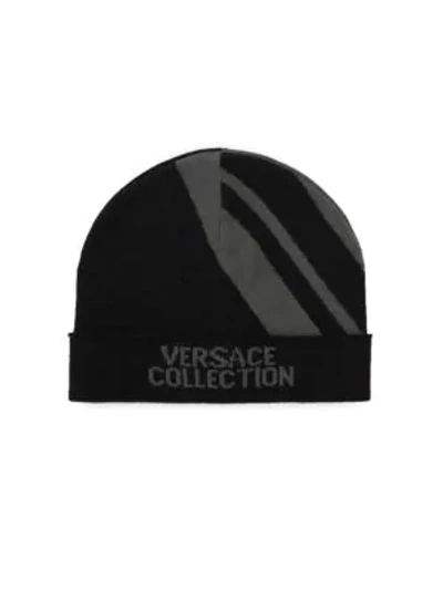 Versace Logo Knit Beanie In Black Grey