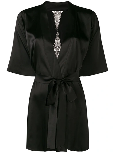 Fleur Of England Onyx Lace-embroidered Dressing Gown In Black