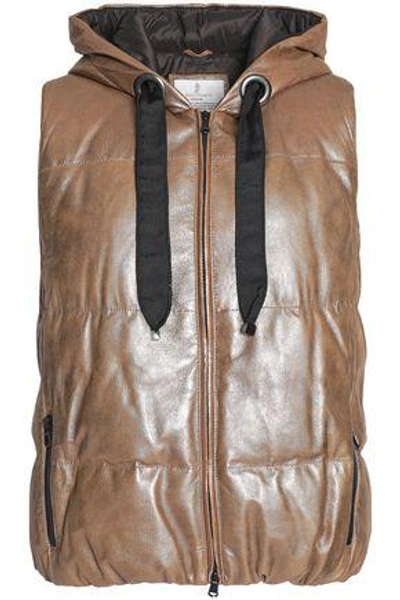 Brunello Cucinelli Woman Quilted Coated-leather Hooded Down Waistcoat Brass