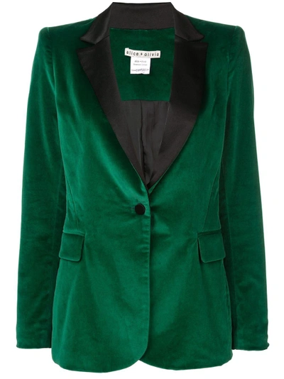 Alice And Olivia Macey Notch Lapel Fitted Velvet Blazer In Juniper Black ModeSens
