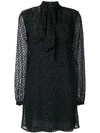 Saint Laurent Metallic Star Long Sleeve Tie Neck Silk Minidress In Black