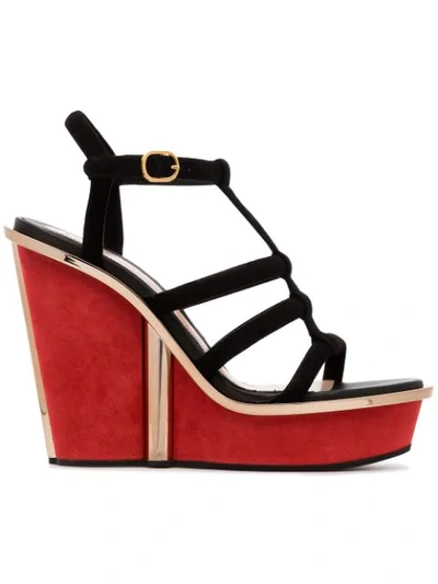 Alexander Mcqueen Black, Red And Gold Metallic Contrast 135 Suede Leather Wedge Sandals