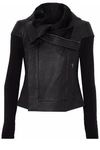 RICK OWENS WOMAN RIBBED KNIT-PANELED TEXTURED-LEATHER BIKER JACKET BLACK,US 1874378723032523