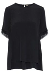 ADAM LIPPES ADAM LIPPES WOMAN LACE-TRIMMED SILK T-SHIRT BLACK,3074457345619341227