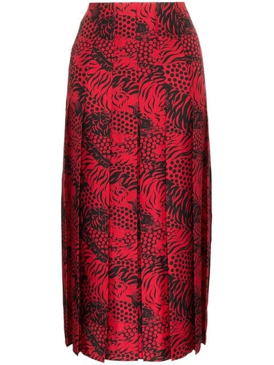 Gucci Pleated Printed Silk-twill Midi Skirt In Red