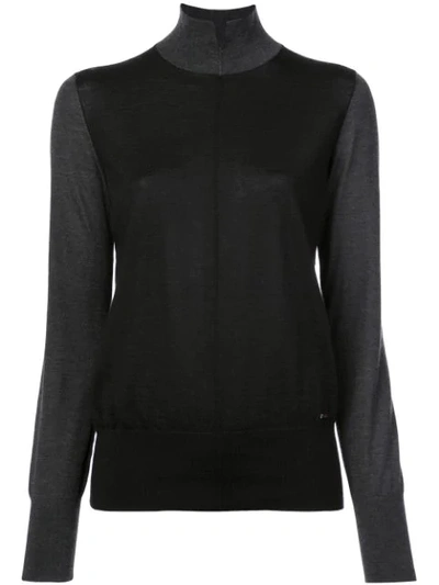 Akris Mock-neck W/ Slit Bicolor Cashmere Knit Pullover Sweater In Black Slate
