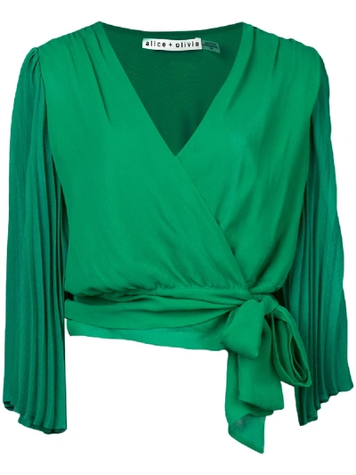 Alice And Olivia Alice + Olivia Bray Pleated-sleeve Silk Wrap Top In Green