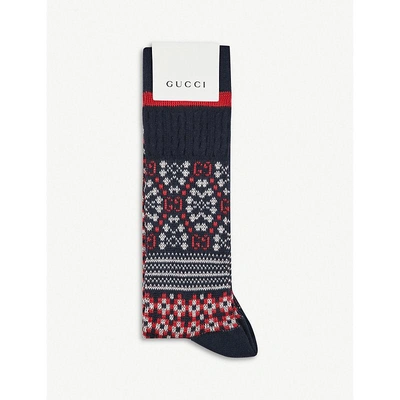 Gucci Fair Isle Jacquard Cotton-knitted Socks In Navy