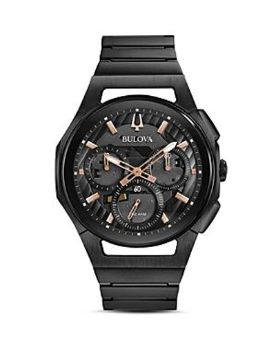 Bulova Men's Chronograph Curv Black Stainless Steel Bracelet Watch 44mm In Black / Dark / Gold Tone / Grey