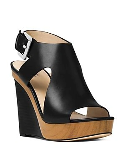 Michael Michael Kors Women's Josephine Leather Platform Wedge Sandals In Black Vachetta Leather