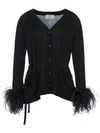 Prada V-neck Feather-embellished Wool Cardigan In Black