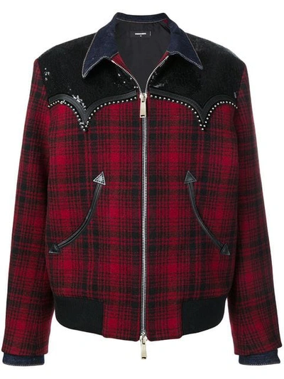 Dsquared2 Studded Check Wool Shirt Jacket In Red,black