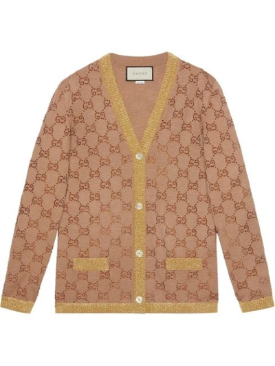 Gucci V-neck Logo-jacquard Fine-wool Cardigan In Beige