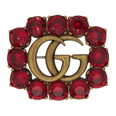 Gucci Metal Double G Brooch With Crystals In Red Crystals