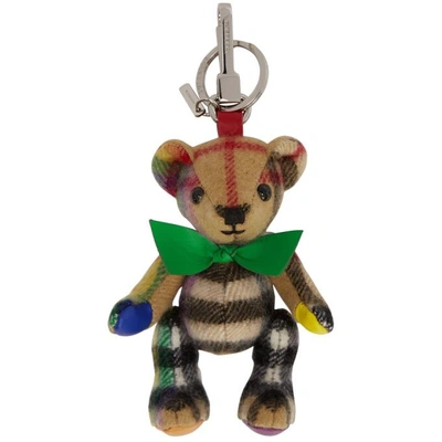 Burberry Thomas Bear Charm In Rainbow Vintage Check Cashmere In Multicolour/ Antique Yellow