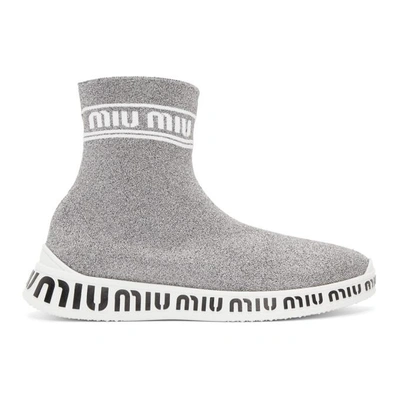 Miu Miu Logo Platform Sock Sneakers In Metallic