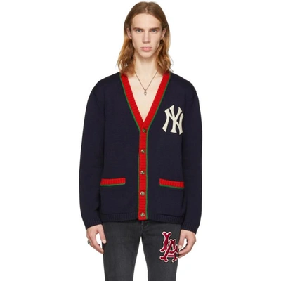 Gucci Embroidered Yankees Logo Tricolour Cardigan In Navy Wool