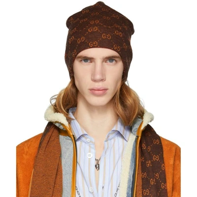 Gucci 棕色 And 橙色羊驼呢 Gg Supreme 毛线帽 In 2176 Brown