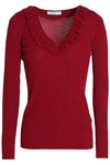 SANDRO WOMAN NOELLA RUFFLE-TRIMMED RIBBED STRETCH-KNIT TOP CLARET,AU 4146401444319681