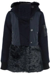 ASHLEY B WOMAN FAUX FUR AND SHELL-PANELED WOOL-BLEND DOWN HOODED JACKET MIDNIGHT BLUE,US 7789028784457300